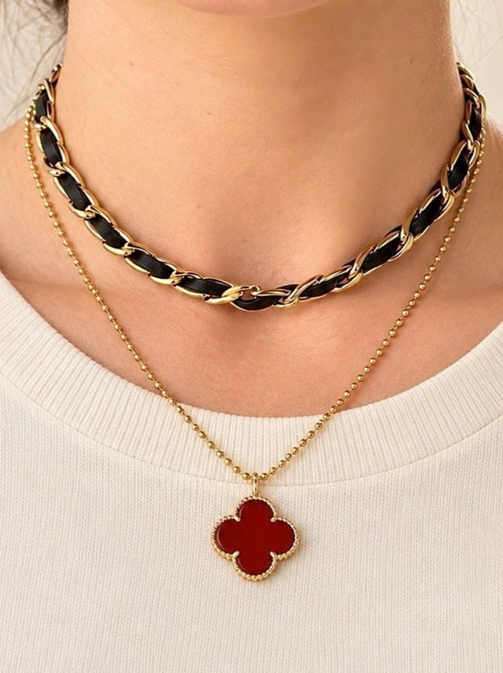 Red Clover Pendant and Black Leather Necklace Set
